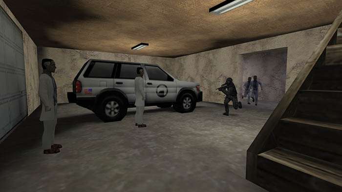 Персонаж SAS спасает заложников из гаража на карте cs_militia